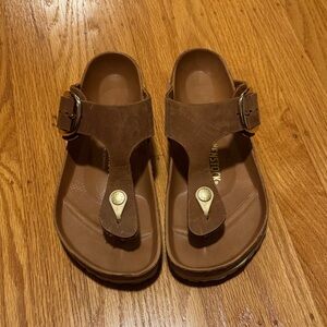 Birkenstock Tan Leather Sandals with Gold Buckle